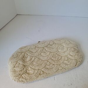 Vintage 1960s Ivory White Beaded Mermaid Scale Clutch Purse